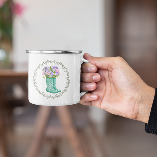 Emaille Tasse Klein GUMMISTIEFEL KRANZ